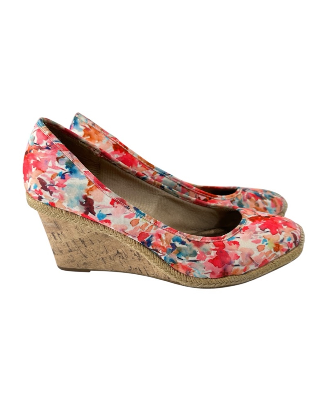 Life Stride Flex Floral Cork Wedge Pumps Watercolor Print Comfort Womens 10